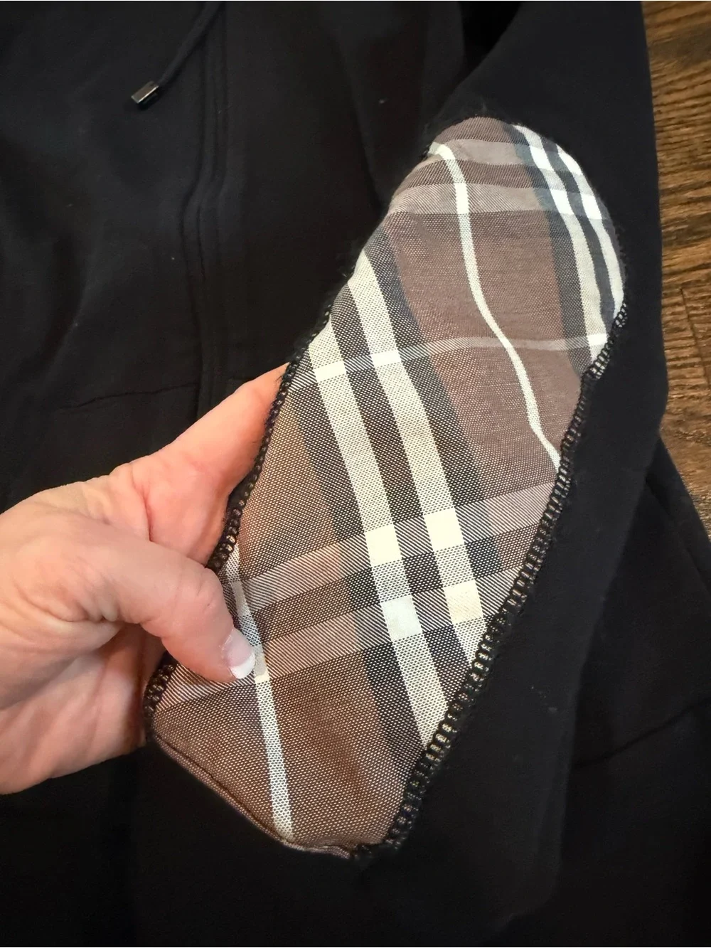 Burberry Black Zip-Up Hoodie with Beige Check Lining and Elbow Patches - Picture 3 of 7